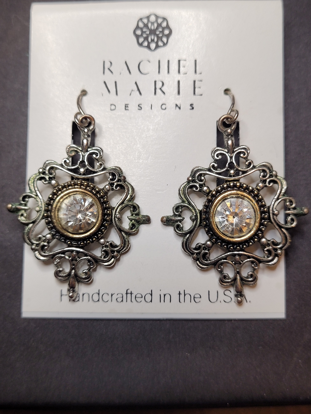 Rachel Marie Designs Ornate Filigree Rhinestone Chandelier Dangle Earrings USA